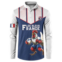 Mens button-front hooded sweatshirt with blue rooster graphic and France text, white sleeves