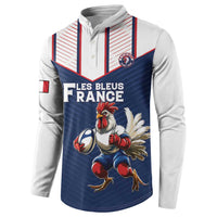 Mens button-front hooded sweatshirt with striped yoke and France rooster graphic on blue body