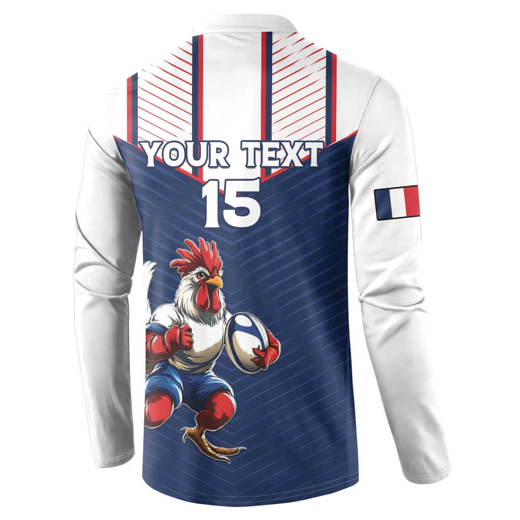 Mens hooded sweatshirt back with blue panel, YOUR TEXT and number 15, rooster graphic