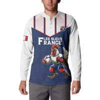 Mens button-front hooded sweatshirt with France rooster graphic on blue front, striped shoulders
