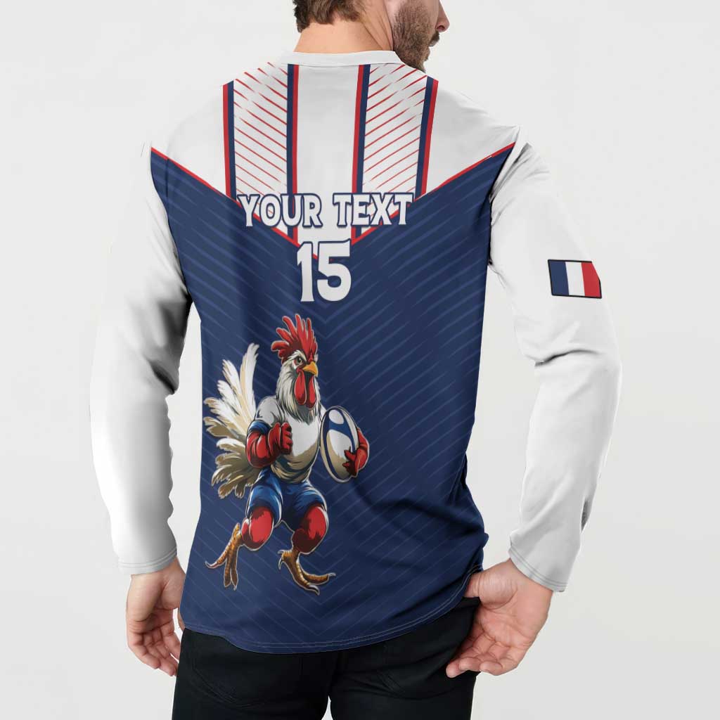 Mens hooded sweatshirt back with blue panel, YOUR TEXT 15 and rooster graphic, flag accents