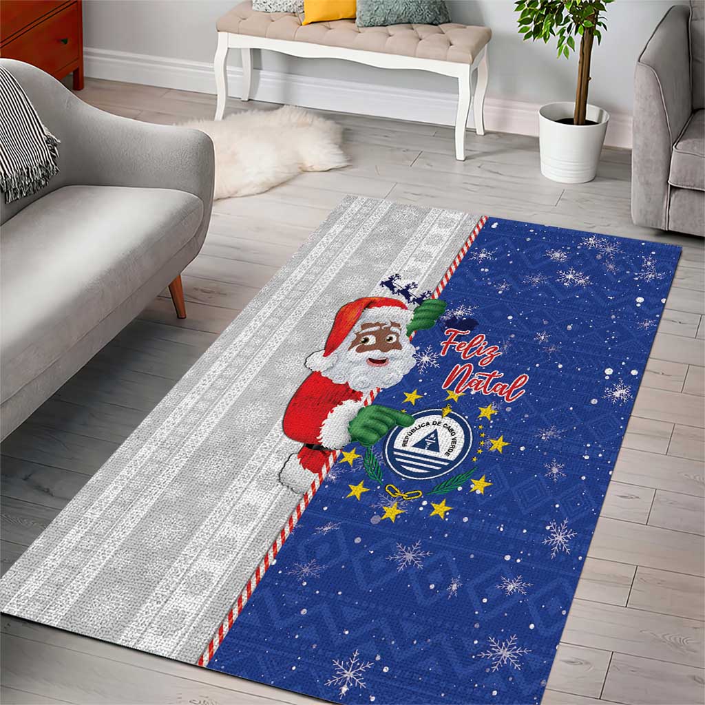 Blue rectangular Christmas rug featuring Santa and holiday lettering with starry snow scene