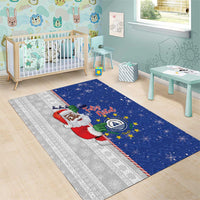 Blue Christmas rug with Santa and Feliz Natal lettering, gray stripe panel and border