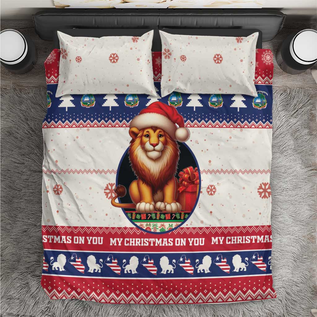 Christmas bedding set, lion Santa print on white, blue/red borders with matching pillows