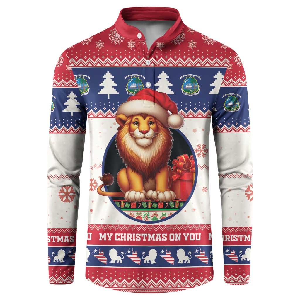 Red, white, and navy Christmas button sweatshirt with lion in Santa hat front graphic