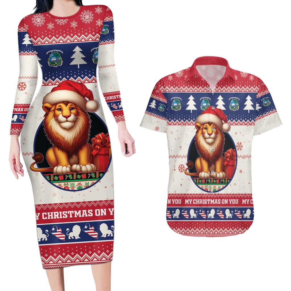 Liberia Christmas Couples Matching Long Sleeve Bodycon Dress and Hawaiian Shirt My Christmas On You - Lion Santa - Wonder Print Shop