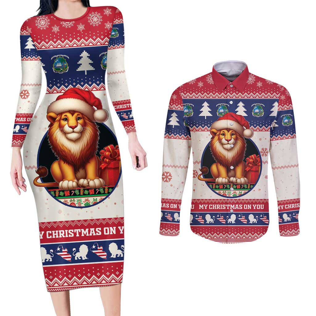 Liberia Christmas Couples Matching Long Sleeve Bodycon Dress and Long Sleeve Button Shirt My Christmas On You - Lion Santa - Wonder Print Shop