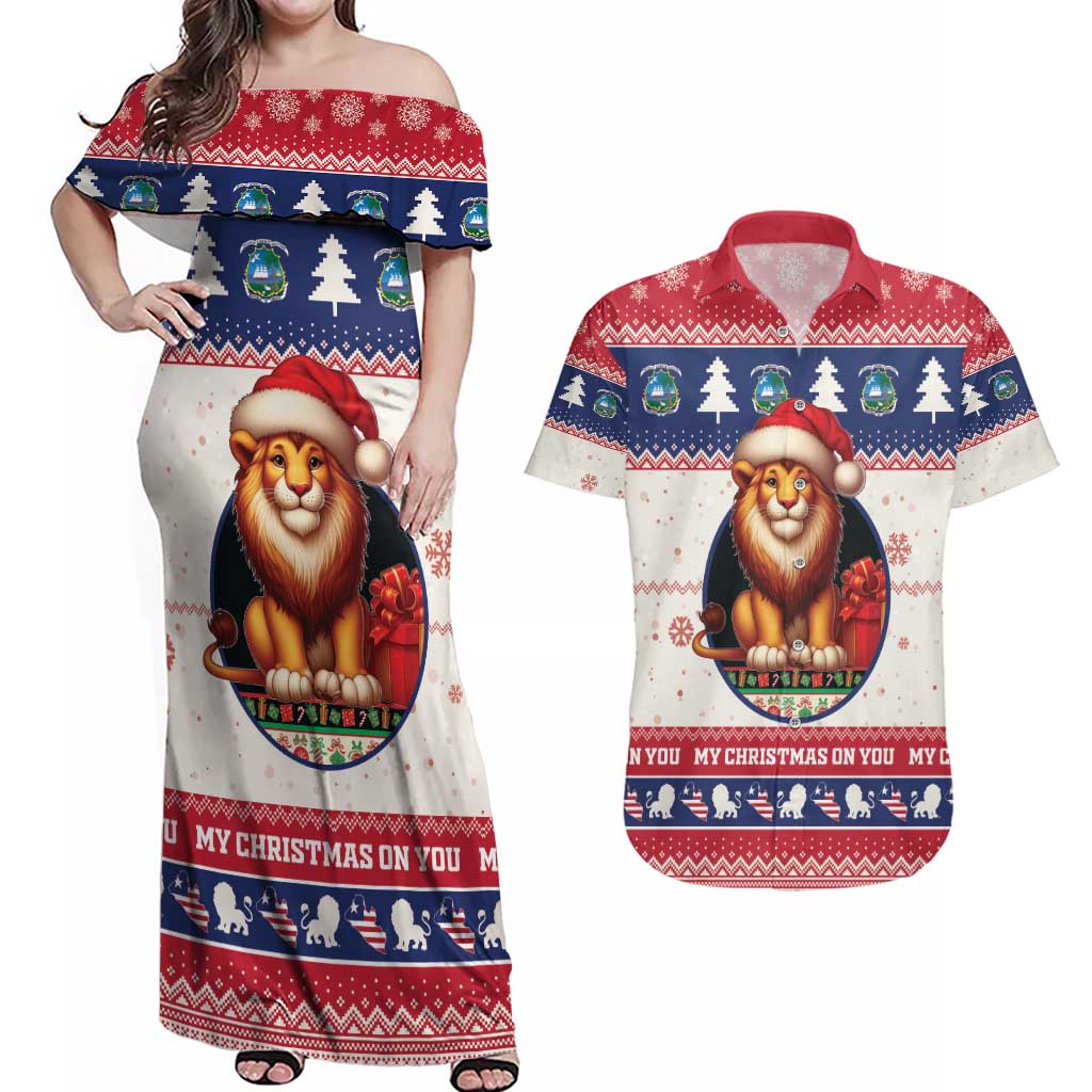 Liberia Christmas Couples Matching Off Shoulder Maxi Dress and Hawaiian Shirt My Christmas On You - Lion Santa - Wonder Print Shop