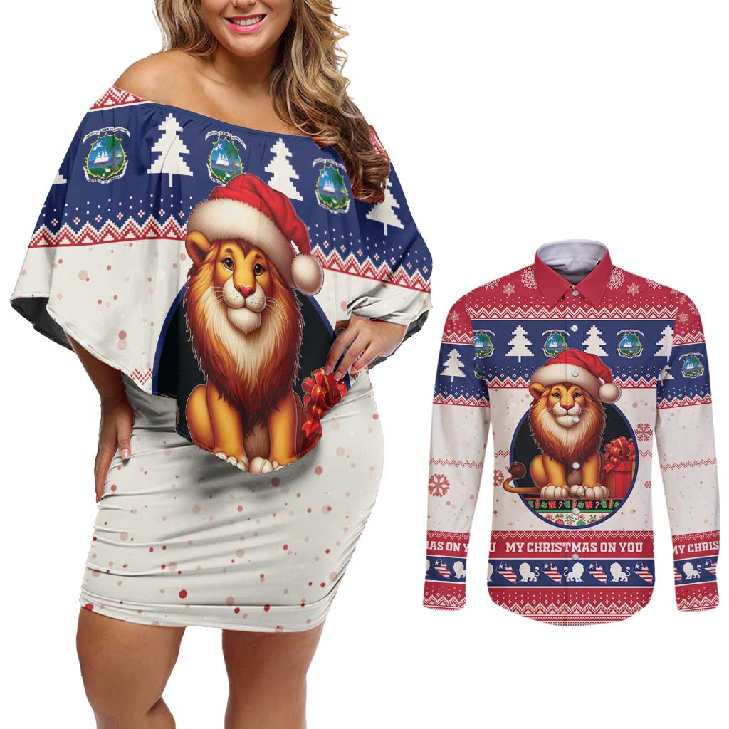 Liberia Christmas Couples Matching Off Shoulder Short Dress and Long Sleeve Button Shirt My Christmas On You - Lion Santa - Wonder Print Shop