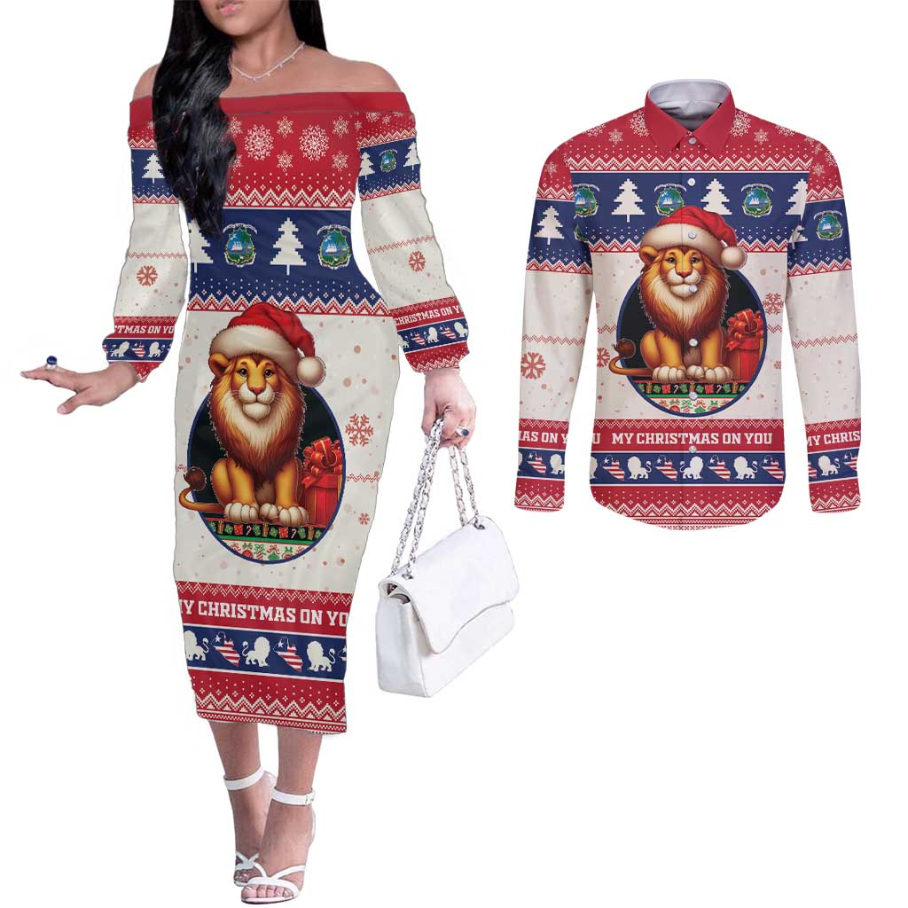 Liberia Christmas Couples Matching Off The Shoulder Long Sleeve Dress and Long Sleeve Button Shirt My Christmas On You - Lion Santa