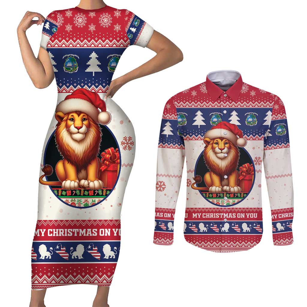 Liberia Christmas Couples Matching Short Sleeve Bodycon Dress and Long Sleeve Button Shirt My Christmas On You - Lion Santa - Wonder Print Shop