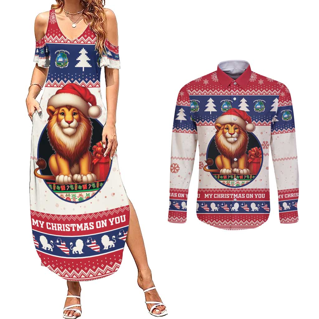 Liberia Christmas Couples Matching Summer Maxi Dress and Long Sleeve Button Shirt My Christmas On You - Lion Santa - Wonder Print Shop