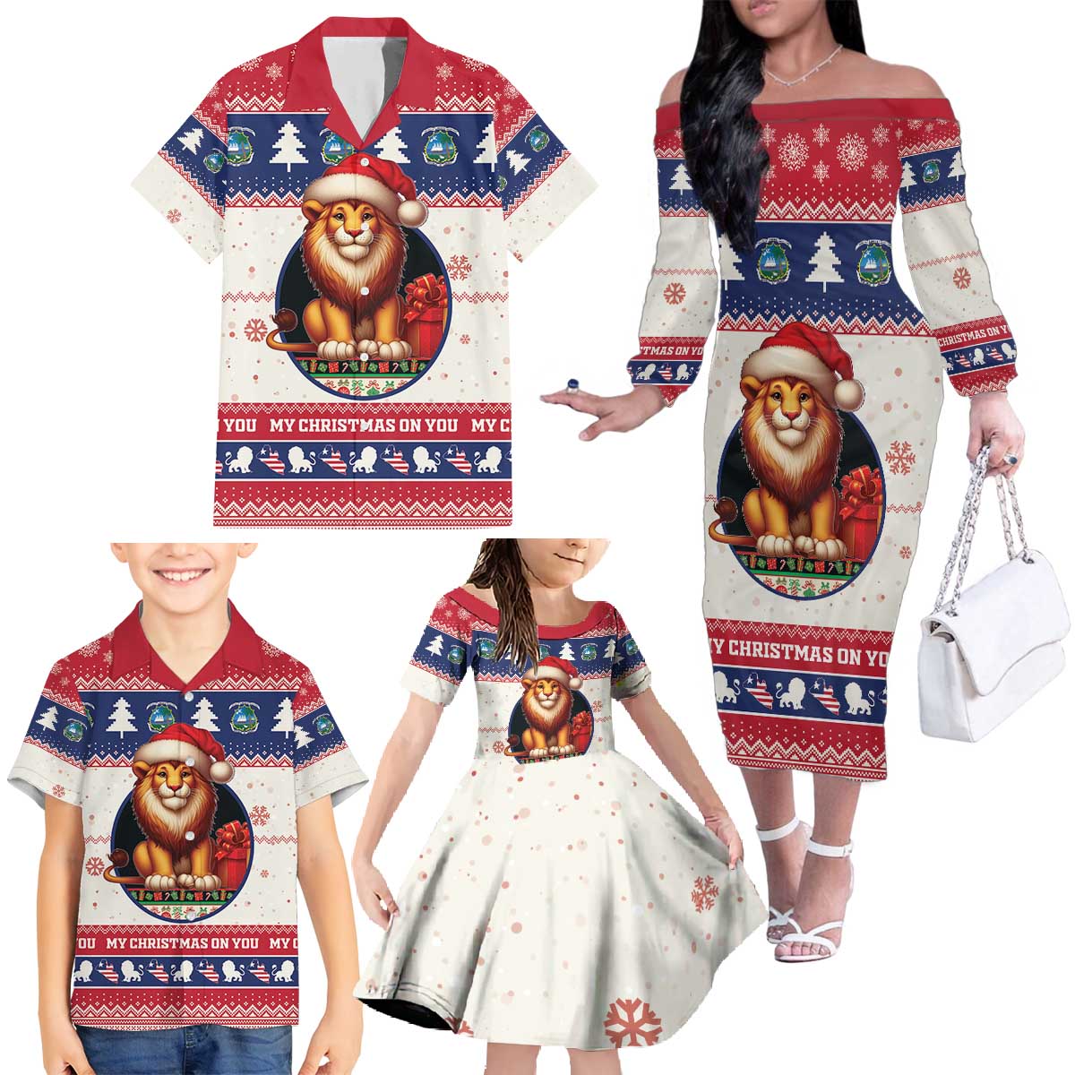 Liberia Christmas Family Matching Off The Shoulder Long Sleeve Dress and Hawaiian Shirt My Christmas On You - Lion Santa - Wonder Print Shop