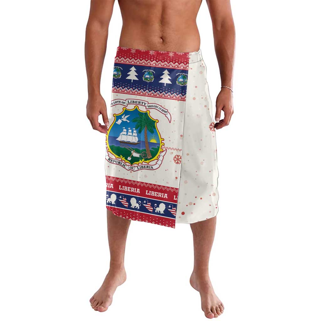 White wrap lavalava skirt with red-blue Christmas graphic panels and elastic waistband