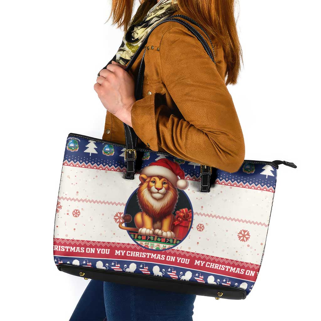 Liberia Christmas Leather Tote Bag My Christmas On You - Lion Santa - Wonder Print Shop