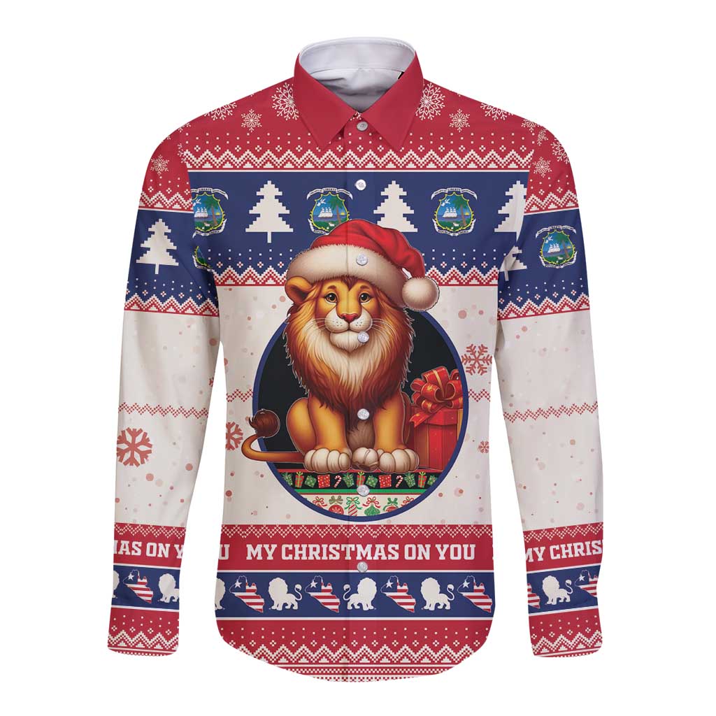 Red Christmas long-sleeve button shirt with lion Santa front graphic and text