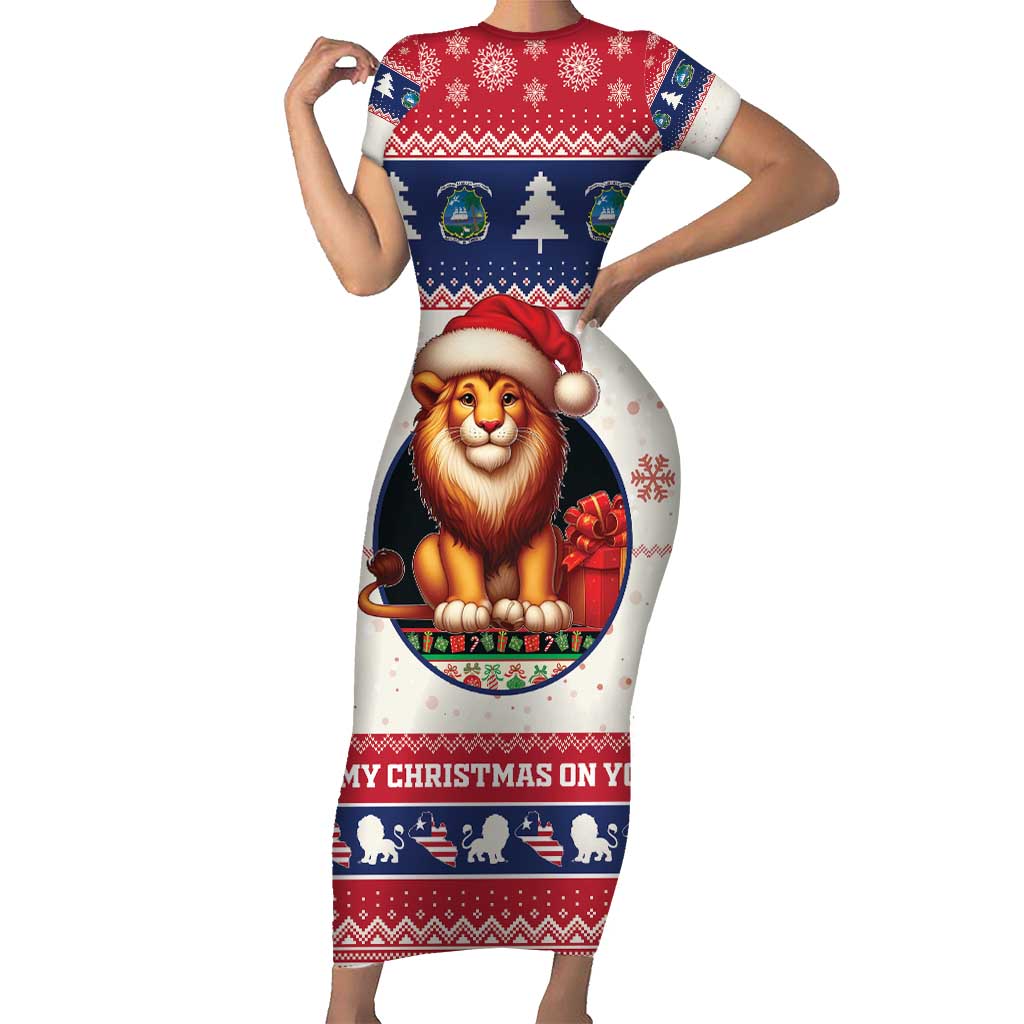 Liberia Christmas Short Sleeve Bodycon Dress My Christmas On You - Lion Santa - Wonder Print Shop