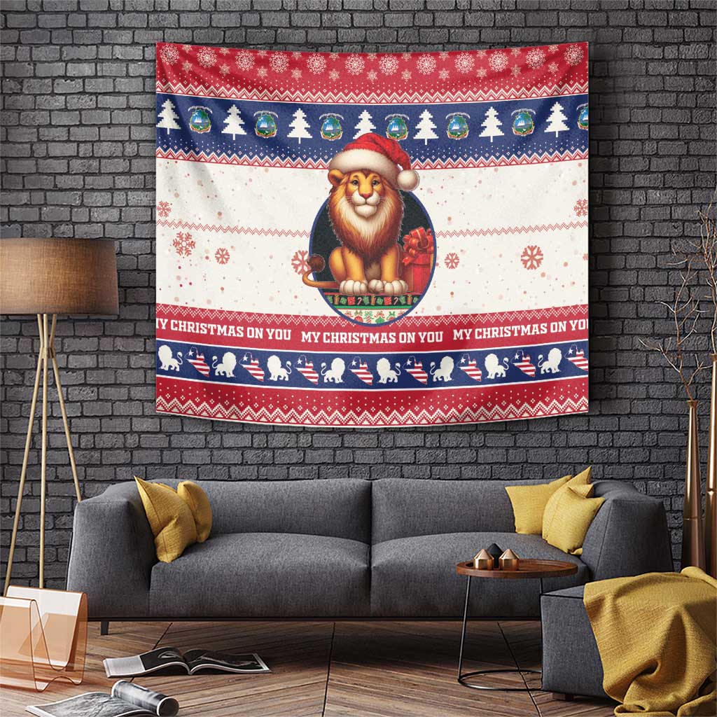 Red Christmas tapestry with cartoon lion Santa holding a staff, framed by festive patterns