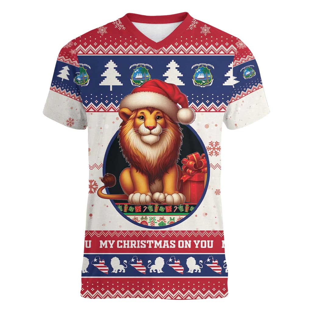 Liberia Christmas Women V-Neck T-Shirt My Christmas On You - Lion Santa - Wonder Print Shop