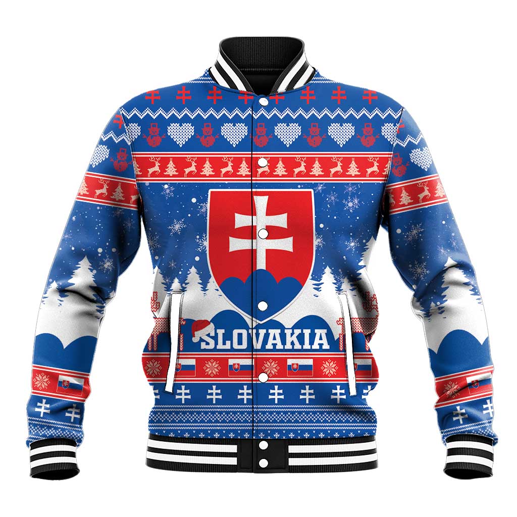 Blue Slovakia Christmas baseball jacket with ribbed collar, red snow patterns, coat of arms