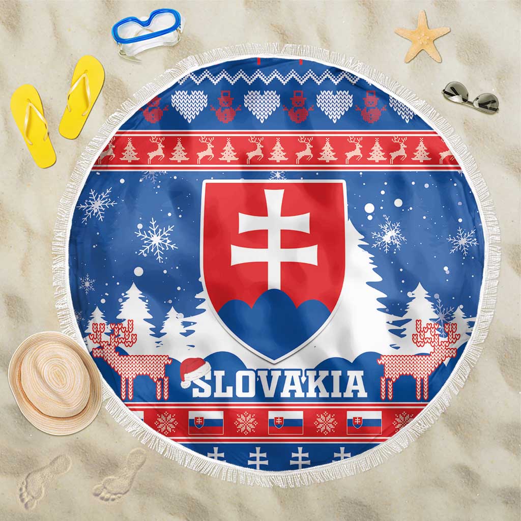 Slovakia Christmas beach blanket, round red and blue coat of arms with snowflakes, fringe