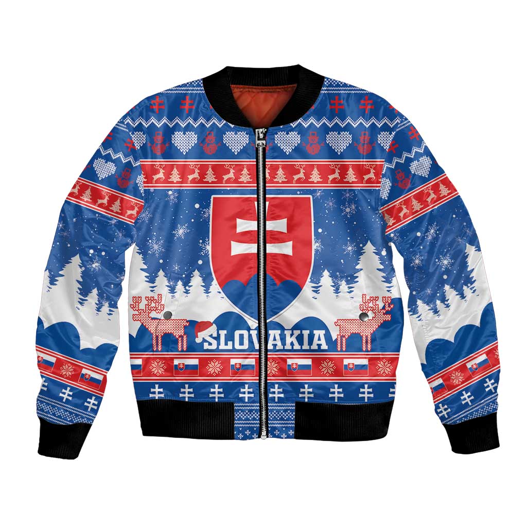 Blue unisex bomber jacket with full-zip front and Slovakia coat-of-arms festive graphic