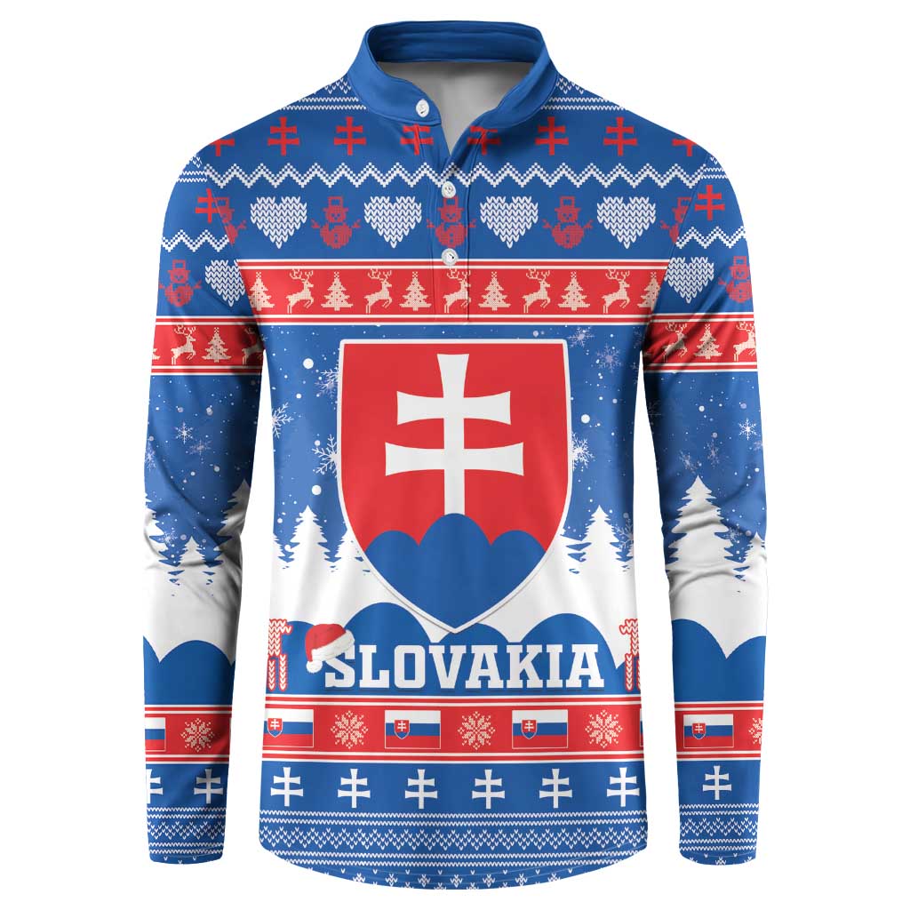 Blue festive sweatshirt with button placket, Slovakia coat of arms and holiday pattern