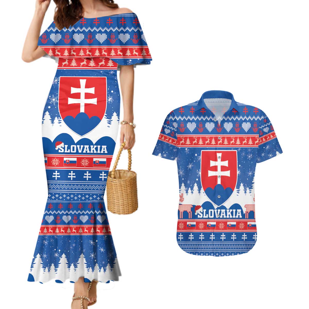 Slovakia Christmas Couples Matching Mermaid Dress and Hawaiian Shirt Vesele Vianoce - Coat Of Arms - Wonder Print Shop