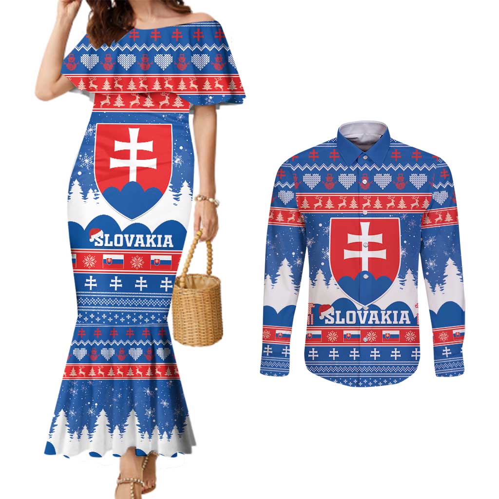 Slovakia Christmas Couples Matching Mermaid Dress and Long Sleeve Button Shirt Vesele Vianoce - Coat Of Arms