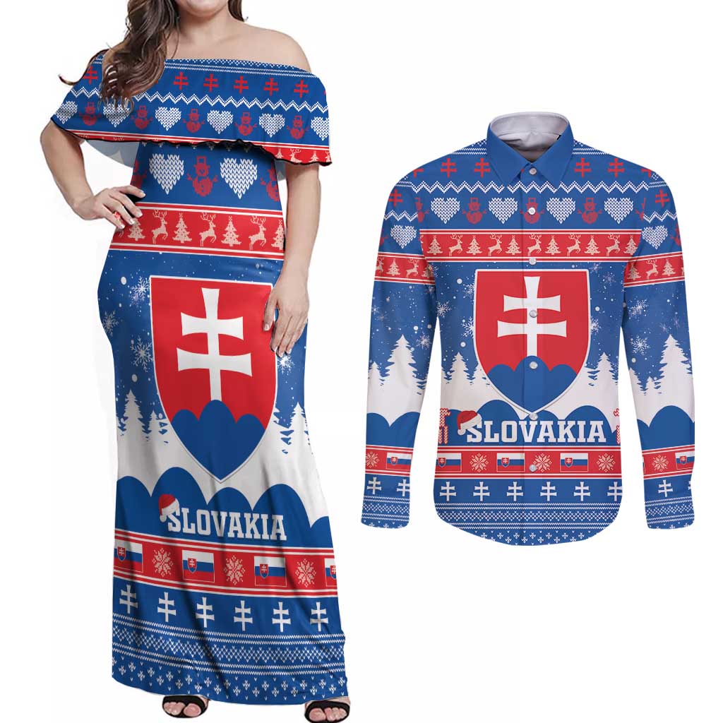 Slovakia Christmas Couples Matching Off Shoulder Maxi Dress and Long Sleeve Button Shirt Vesele Vianoce - Coat Of Arms - Wonder Print Shop