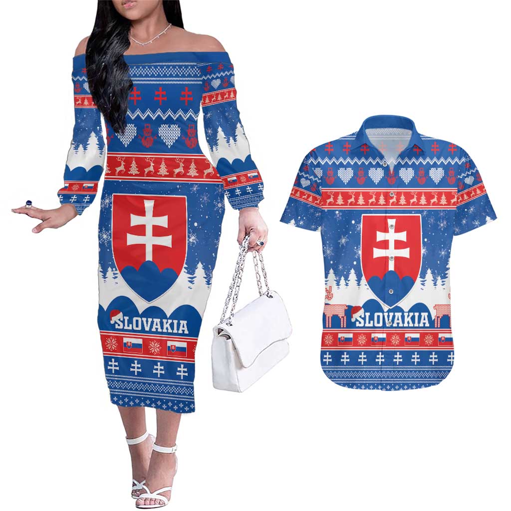 Slovakia Christmas Couples Matching Off The Shoulder Long Sleeve Dress and Hawaiian Shirt Vesele Vianoce - Coat Of Arms - Wonder Print Shop