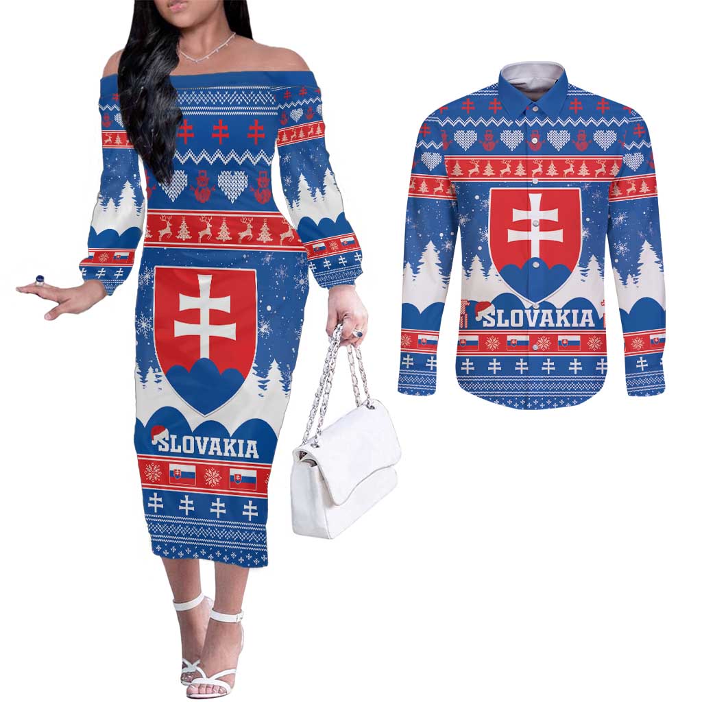 Slovakia Christmas Couples Matching Off The Shoulder Long Sleeve Dress and Long Sleeve Button Shirt Vesele Vianoce - Coat Of Arms