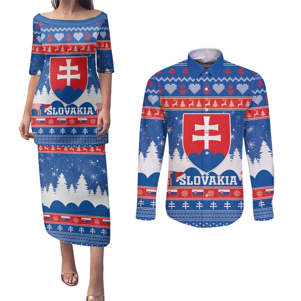 Slovakia Christmas Couples Matching Puletasi and Long Sleeve Button Shirt Vesele Vianoce - Coat Of Arms - Wonder Print Shop