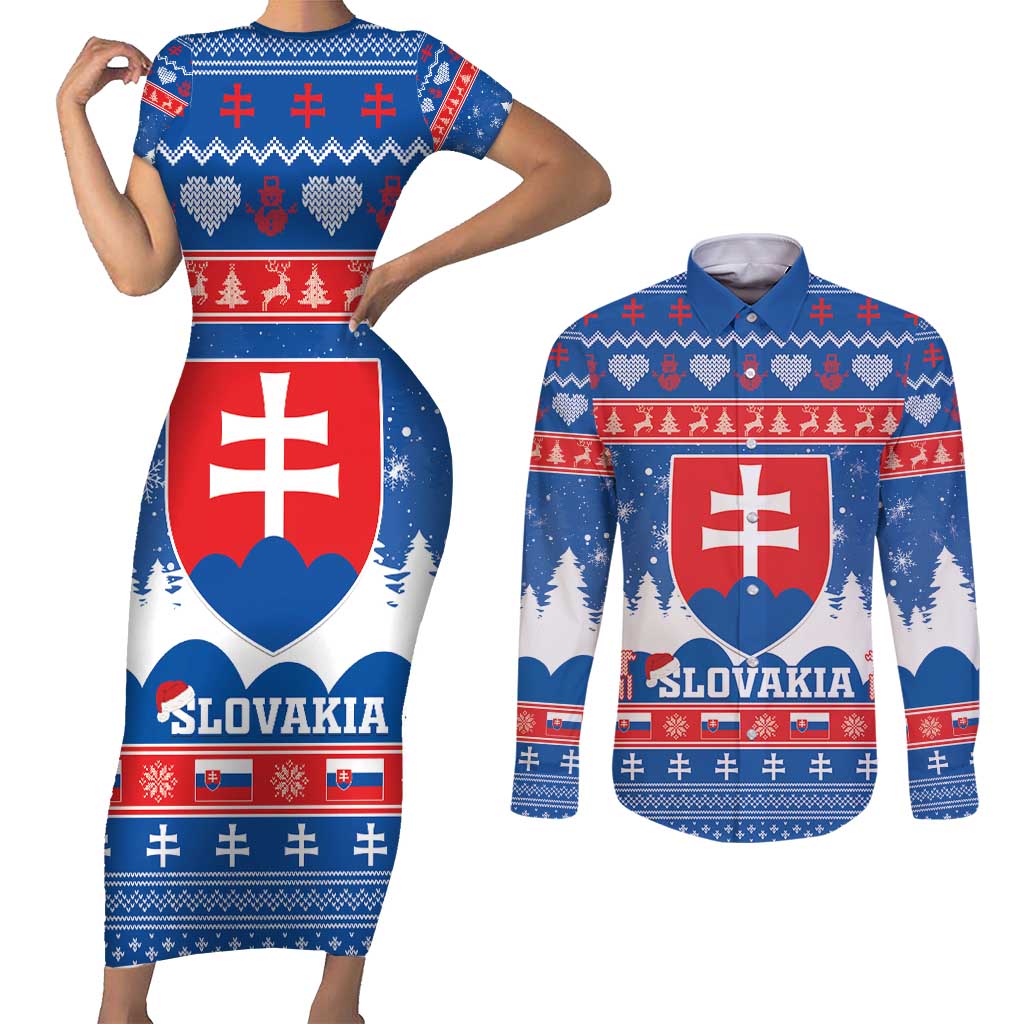 Slovakia Christmas Couples Matching Short Sleeve Bodycon Dress and Long Sleeve Button Shirt Vesele Vianoce - Coat Of Arms - Wonder Print Shop