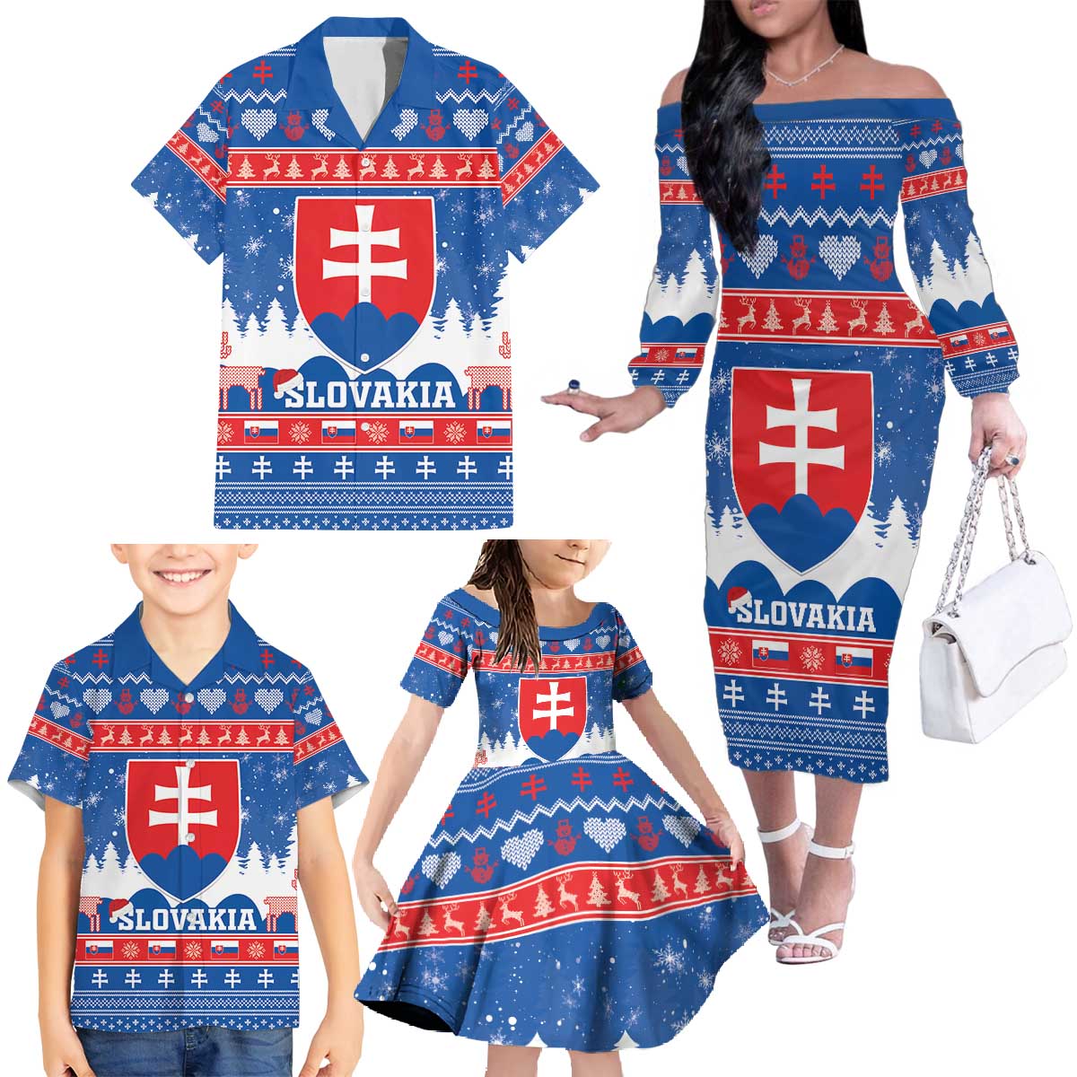 Slovakia Christmas Family Matching Off The Shoulder Long Sleeve Dress and Hawaiian Shirt Vesele Vianoce - Coat Of Arms - Wonder Print Shop