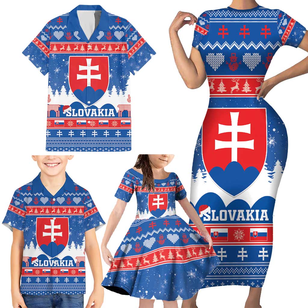 Slovakia Christmas Family Matching Short Sleeve Bodycon Dress and Hawaiian Shirt Vesele Vianoce - Coat Of Arms - Wonder Print Shop