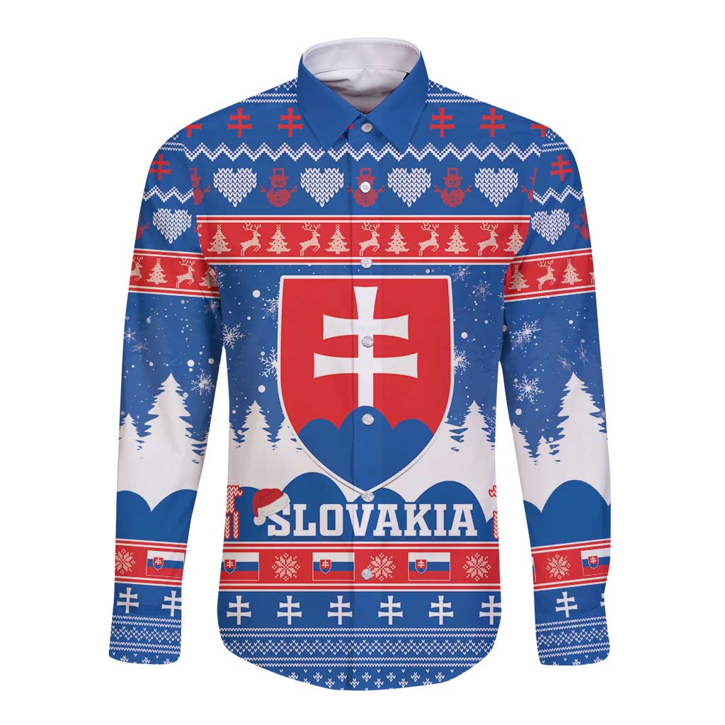 Blue Christmas long-sleeve button-up shirt with Slovakia crest and festive pattern