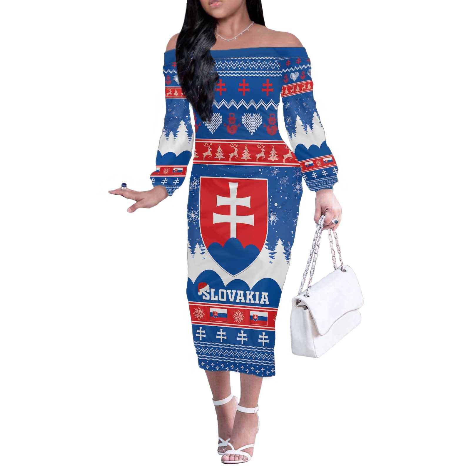 Slovakia Christmas Off The Shoulder Long Sleeve Dress Vesele Vianoce - Coat Of Arms - Wonder Print Shop