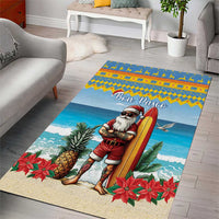 Christmas area rug featuring Santa surfing board, blue ocean scene, Bon Pasco text