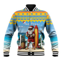 Blue and yellow baseball jacket with Santa surfing and Bon Pasco graphic, ribbed cuffs