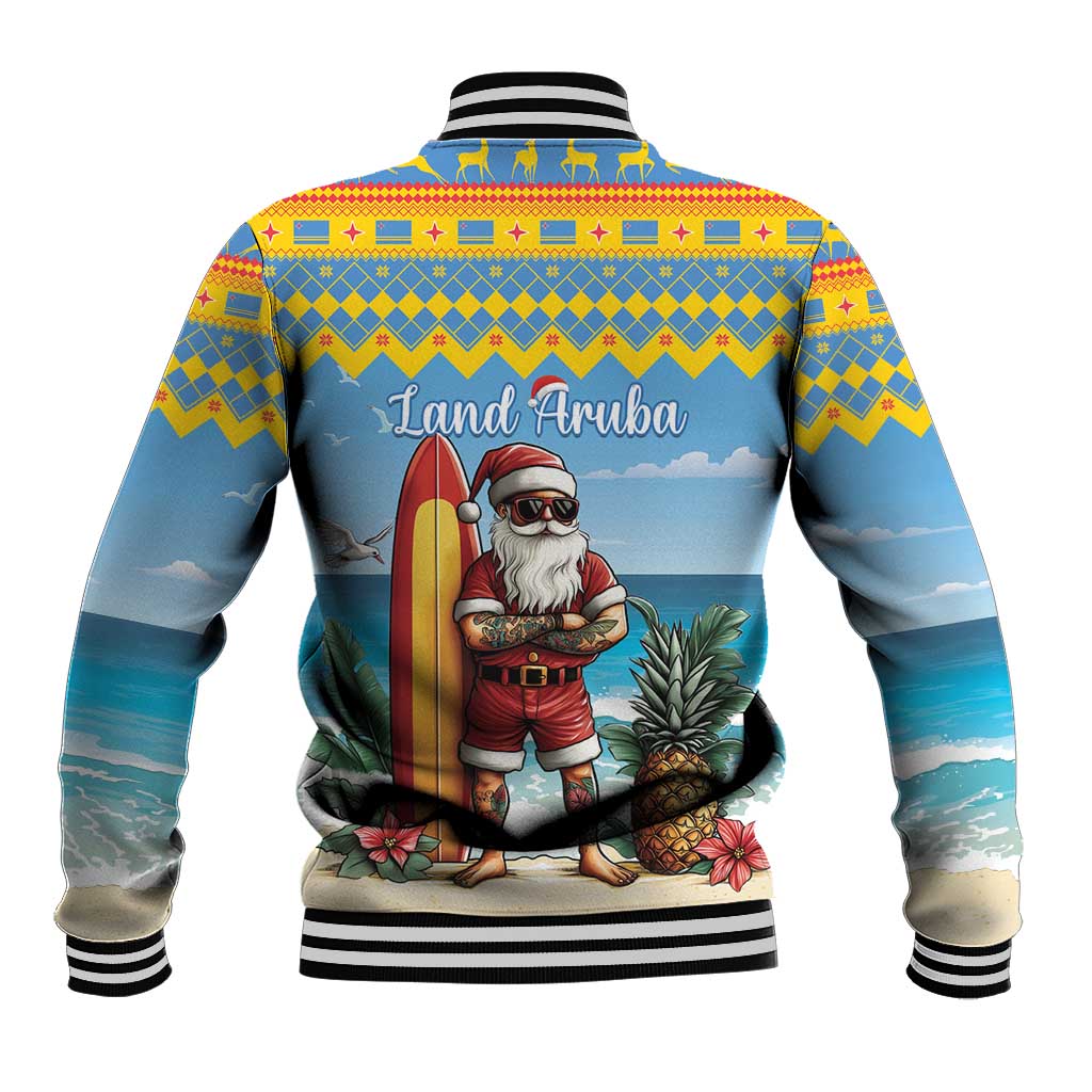 Back view blue baseball jacket with Land Aruba text, Santa holding surfboard, striped collar
