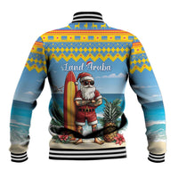 Back view blue baseball jacket with Land Aruba text, Santa holding surfboard, striped collar