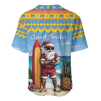 Blue Christmas baseball jersey with Land Aruba lettering and surfing Santa back print