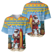 Blue Christmas baseball jersey with surfing Santa graphic and Bon Pasco text