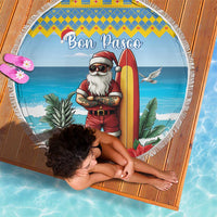 Round blue beach blanket with fringe edge, Bon Pasco surf Santa portrait