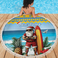 Round 150cm blue beach blanket with tassel fringe, Bon Pasco surf Santa design