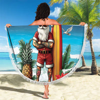 Round blue beach blanket with tassel fringe, Bon Pasco surf Santa holding board