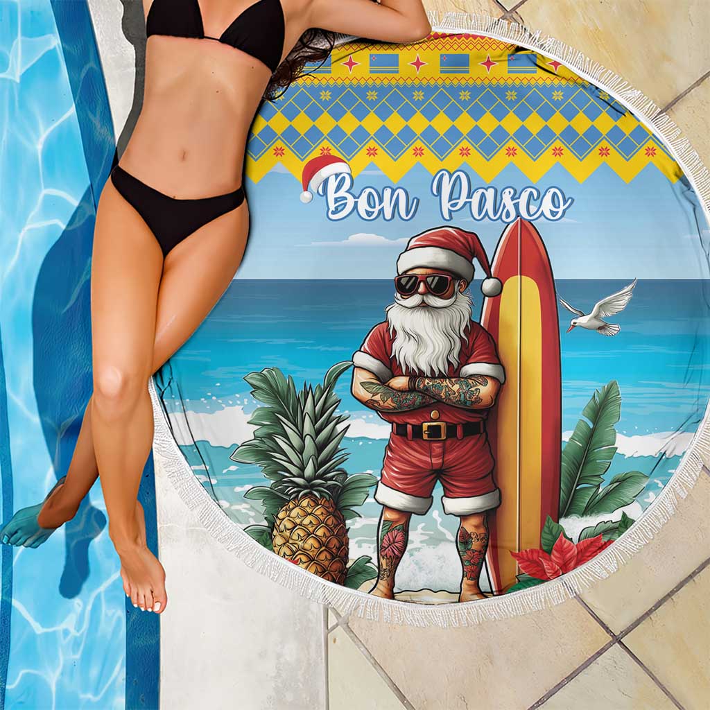Round blue beach blanket with tassel fringe and Bon Pasco surf Santa center print