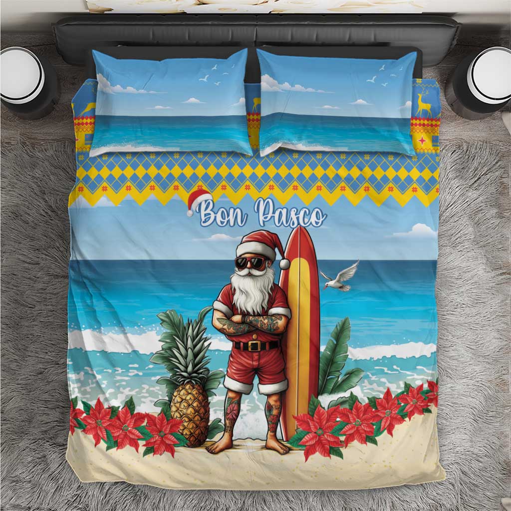 Blue Christmas bedding set with Santa holding a surfboard, Bon Pasco text, pineapples