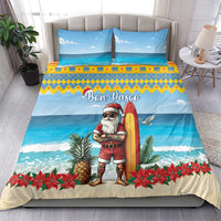 Blue Christmas bedding set with surf Santa, Bon Pasco lettering, two matching pillowcases